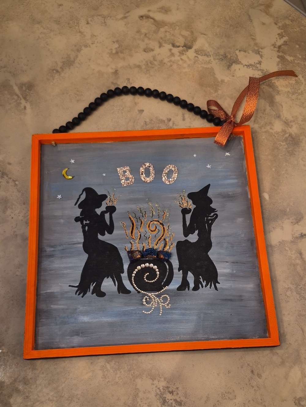 Halloween Witch BOO Wall Sign - Orange Frame, Black & Gray Artwork